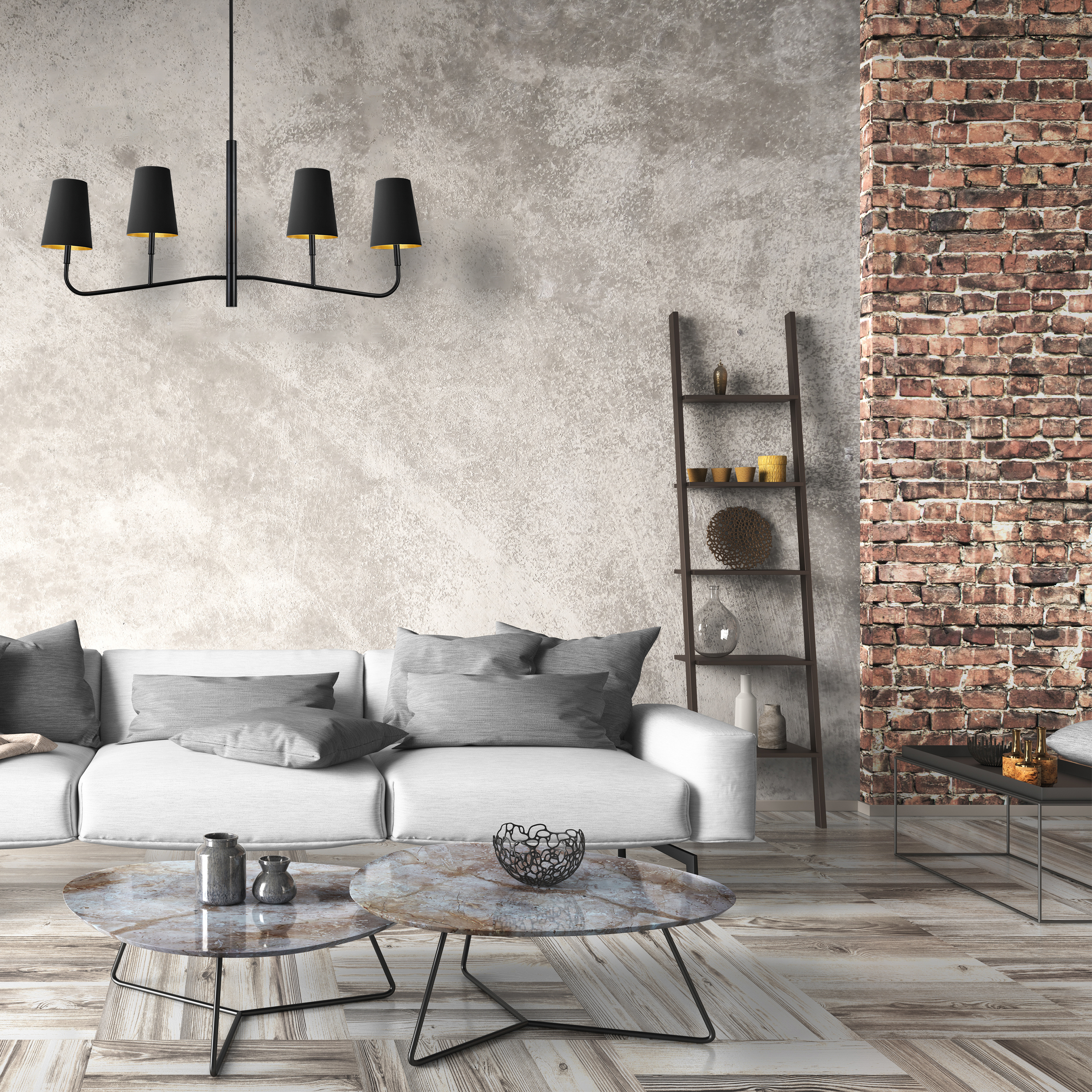 4LT Incan Horizontal Chandelier, MB w/ BK Shades