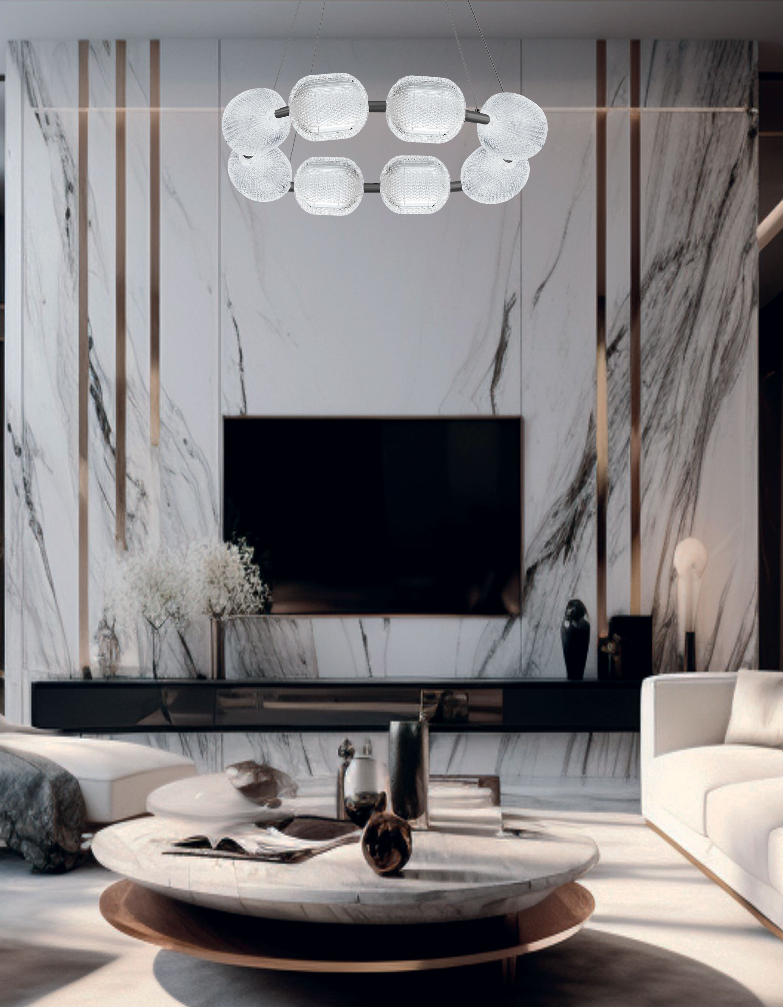 56W Chandelier, MB w/ CLR Pattern Acrylic